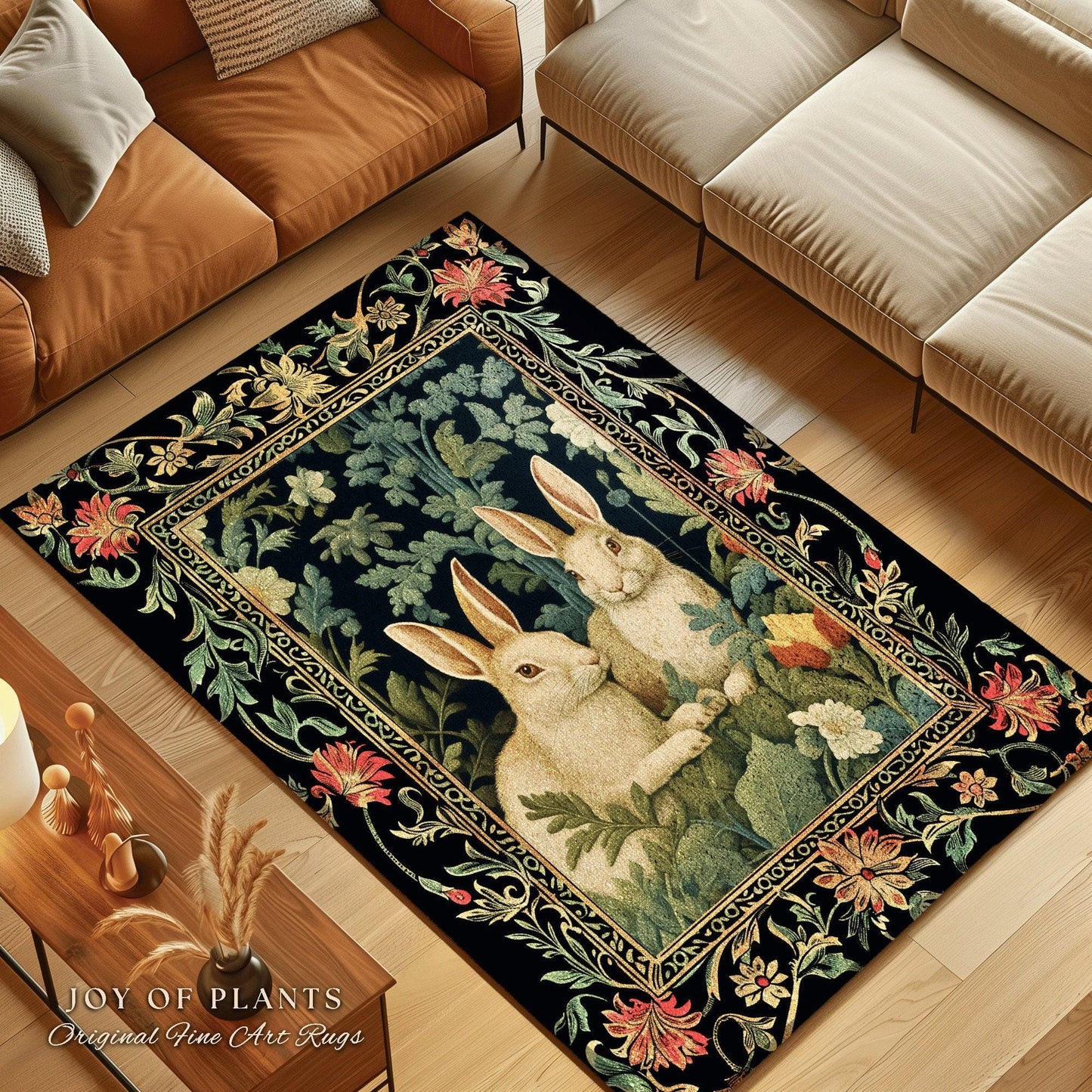 Bunny Rabbit Floral Rug | Botanical Bedroom Decor William Morris Inspired Cottagecore Room Light Academia Style Rug Mystical Home Accent