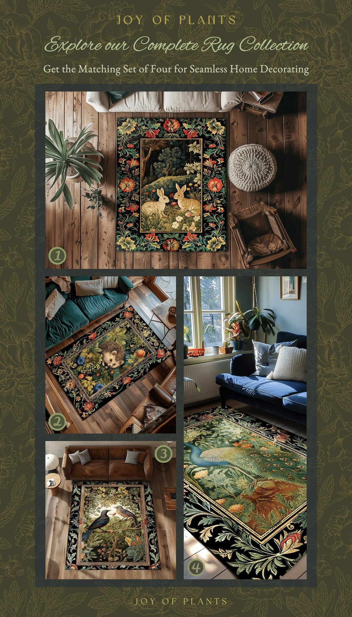 Forestcore Hedgehog Botanical Rug Woodland Gothic Decor | Dark Botanical Cottagecore Nature Lover Gift Rustic Fall Decor Forest Animal Rug