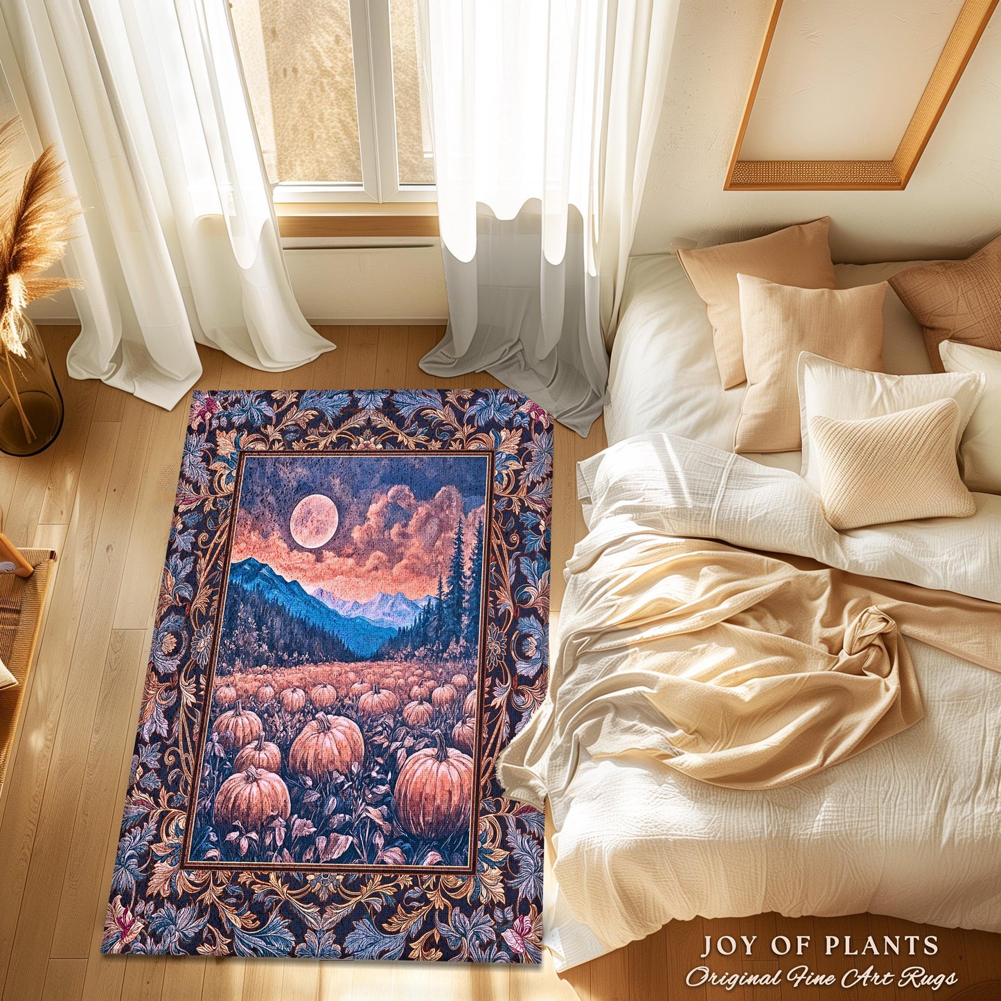Pastel Dusk Moon Accent Rug | Autumn Aesthetic Gothiccore Bedroom Area Rug Whimsigoth Pumpkin Patch Decor Fall Accent Rustic Halloween Style