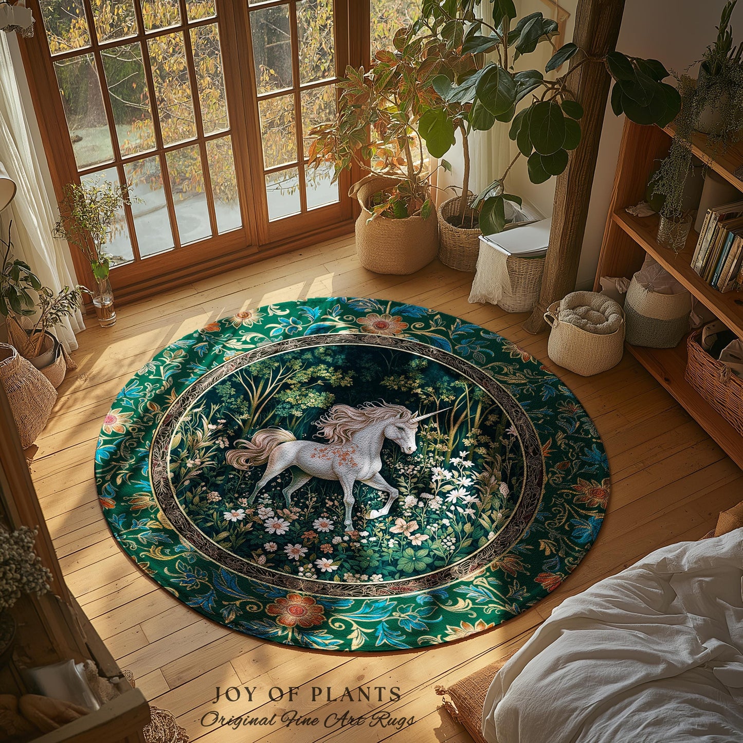 Storybook Aesthetic Mystic Unicorn Rug | Colorful Maximalist Area Rug Whimsical Victorian Fairycore Ethereal Bedroom Rug Medieval Woodland |