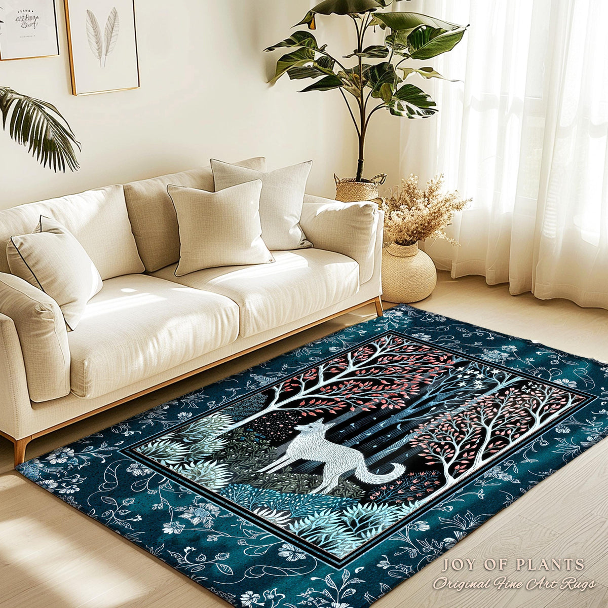 Earthy Colors Woodland Wolf Rug | Bohemian Aesthetic Playful Pastel Nursery Accent Rug Whimsical Forest Scandinavian Folklore Fairytale Art