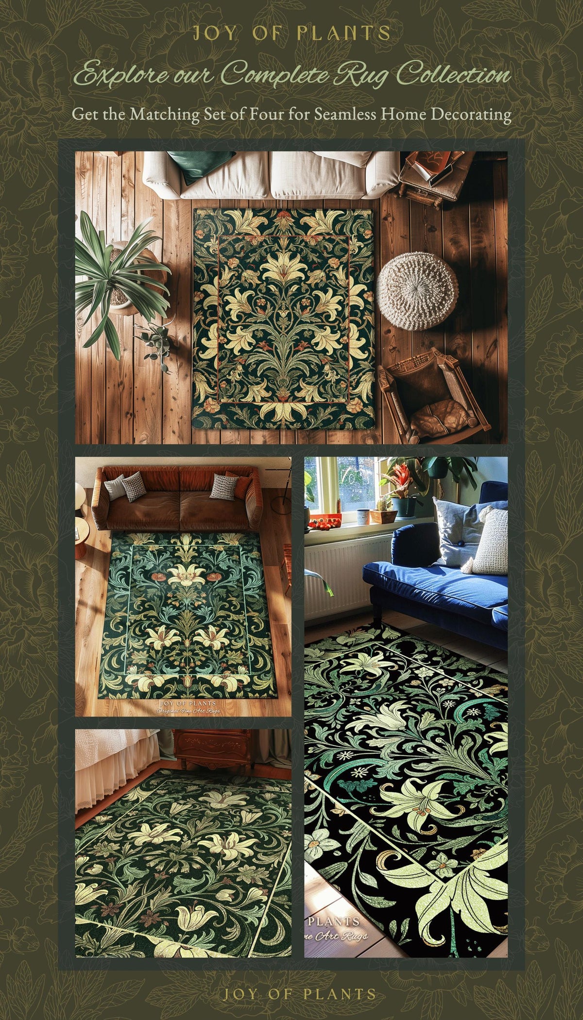 Earthy Fairycore Floral Aesthetic Rug | Enchanted Muted Forest Green Art Nouveau Victorian Decor Cottagecore Academia Art Deco Bedroom Decor