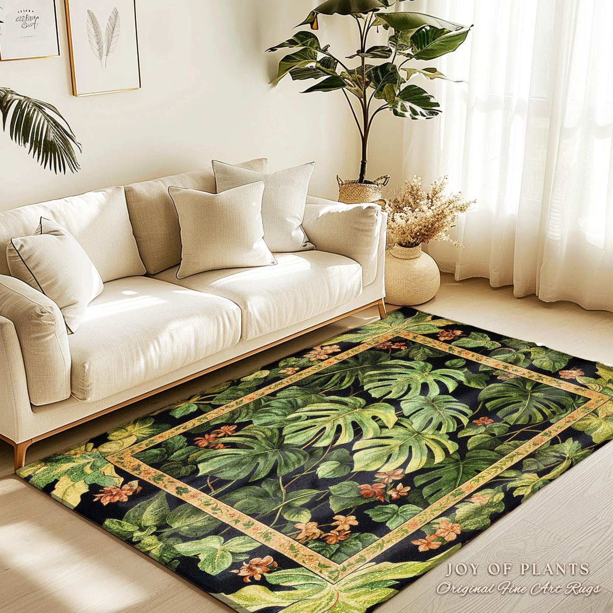 Plant Lover Botanical Area Rug | Exotic Foliage Tropical Cottagecore Jungle Theme Statement Rug Elegant Botanical Monstera Houseplant Decor