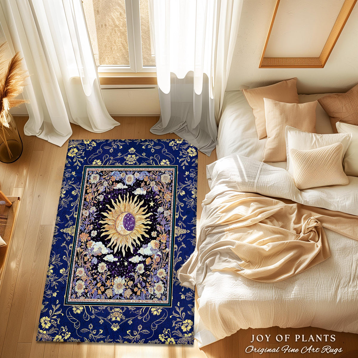 Cosmic Whimsy Fairycore Area Rug | Ethereal Sun Aesthetic Celestial Bedroom Accent Floral Tarot Theme Sun and Moon Colorful Maximalist Decor