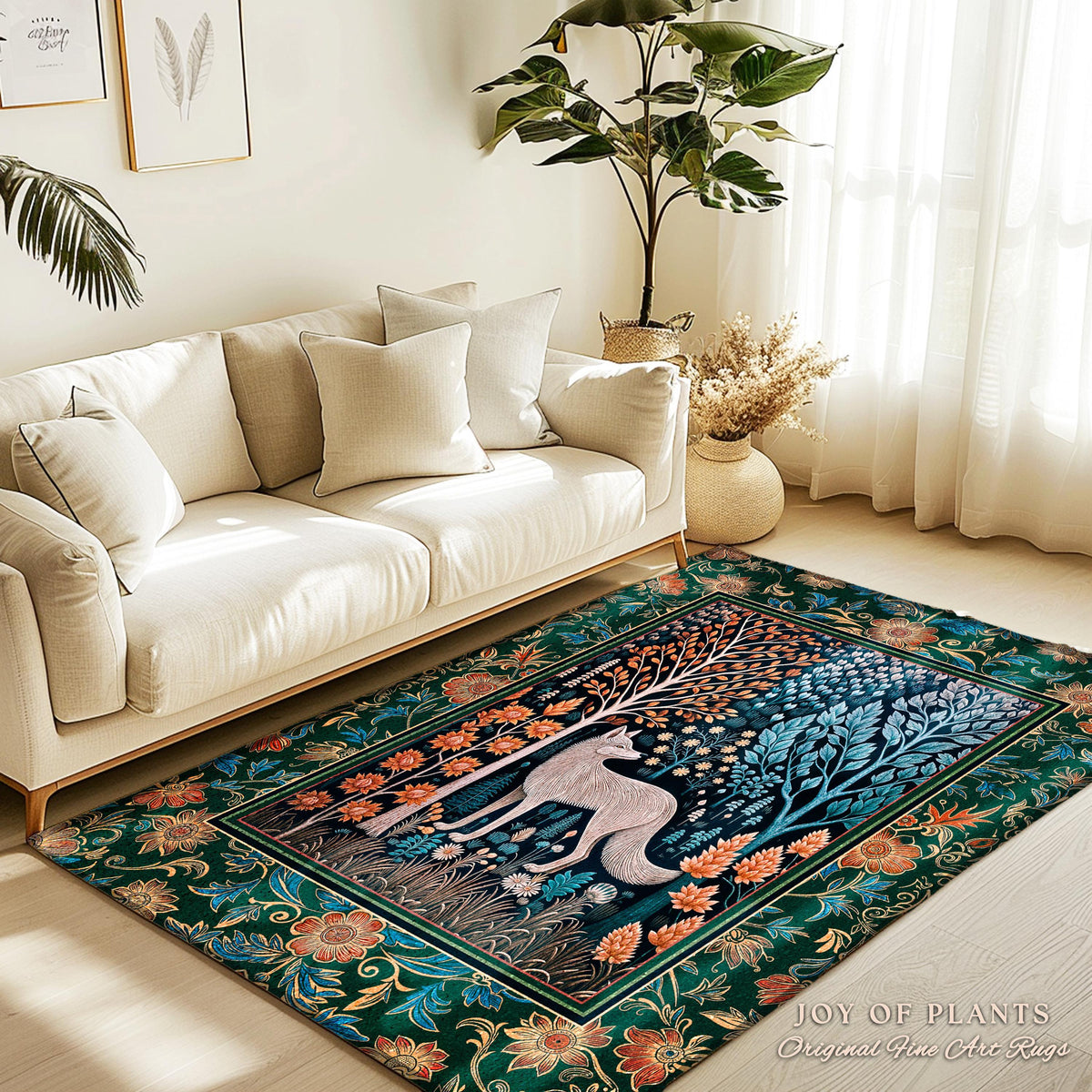 Playful Forest Boho Whimsical Area Rug | Scandinavian Woodland Wolf Boho Fairytale Danish Cottagecore Aesthetic Bohemian Home Accent Cozy |