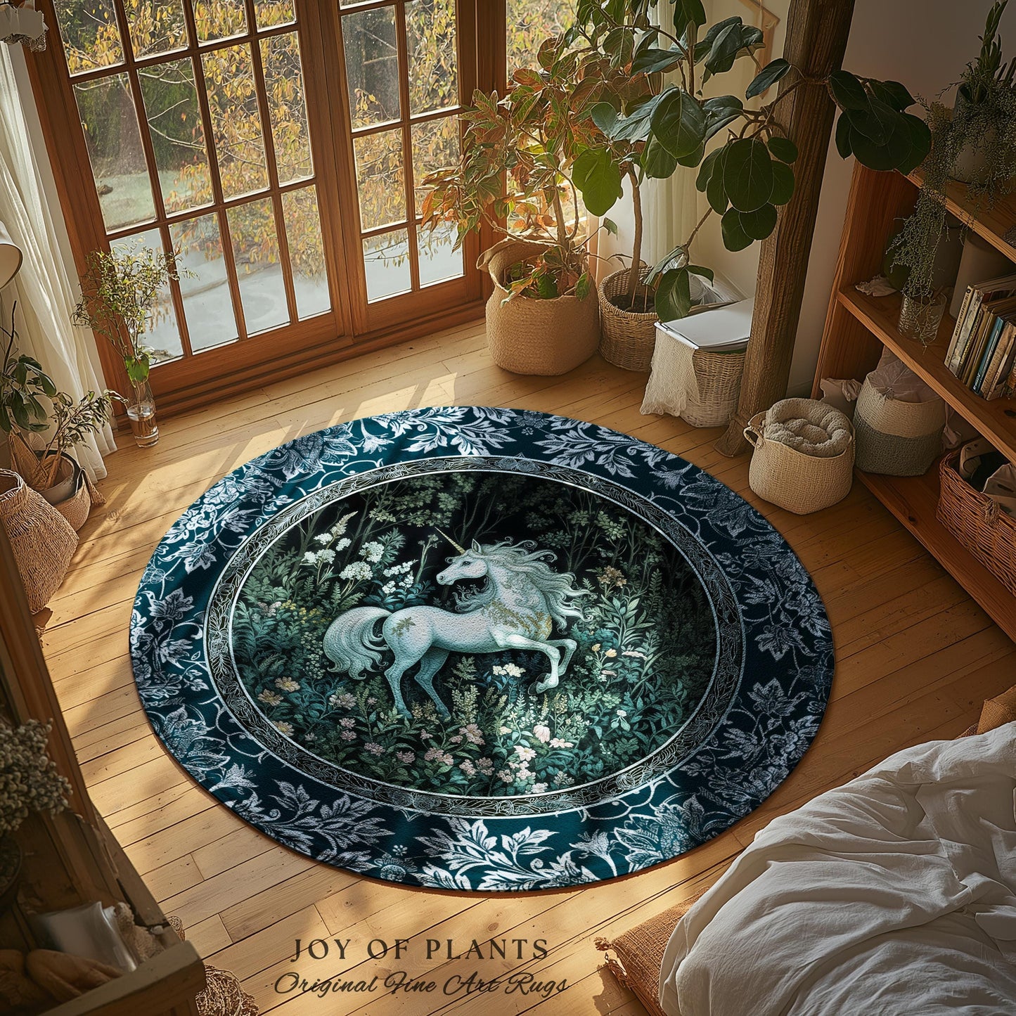 Midnight Magic Unicorn Area Rug | Dark Botanical Maximalist Bedroom Colorful Whimsical Victorian Fairycore Accent Rug Medieval Castlecore |