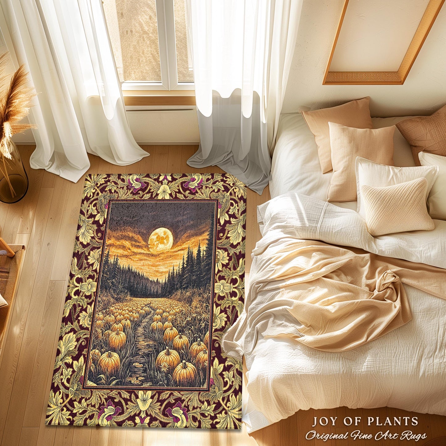 Autumn Night Sky Rustic Fall Rug | Cozy Spooky Pumpkin Vibes Midnight Landscape Decor Whimsigoth Aesthetics Dark Academia Accent Rug Witchy
