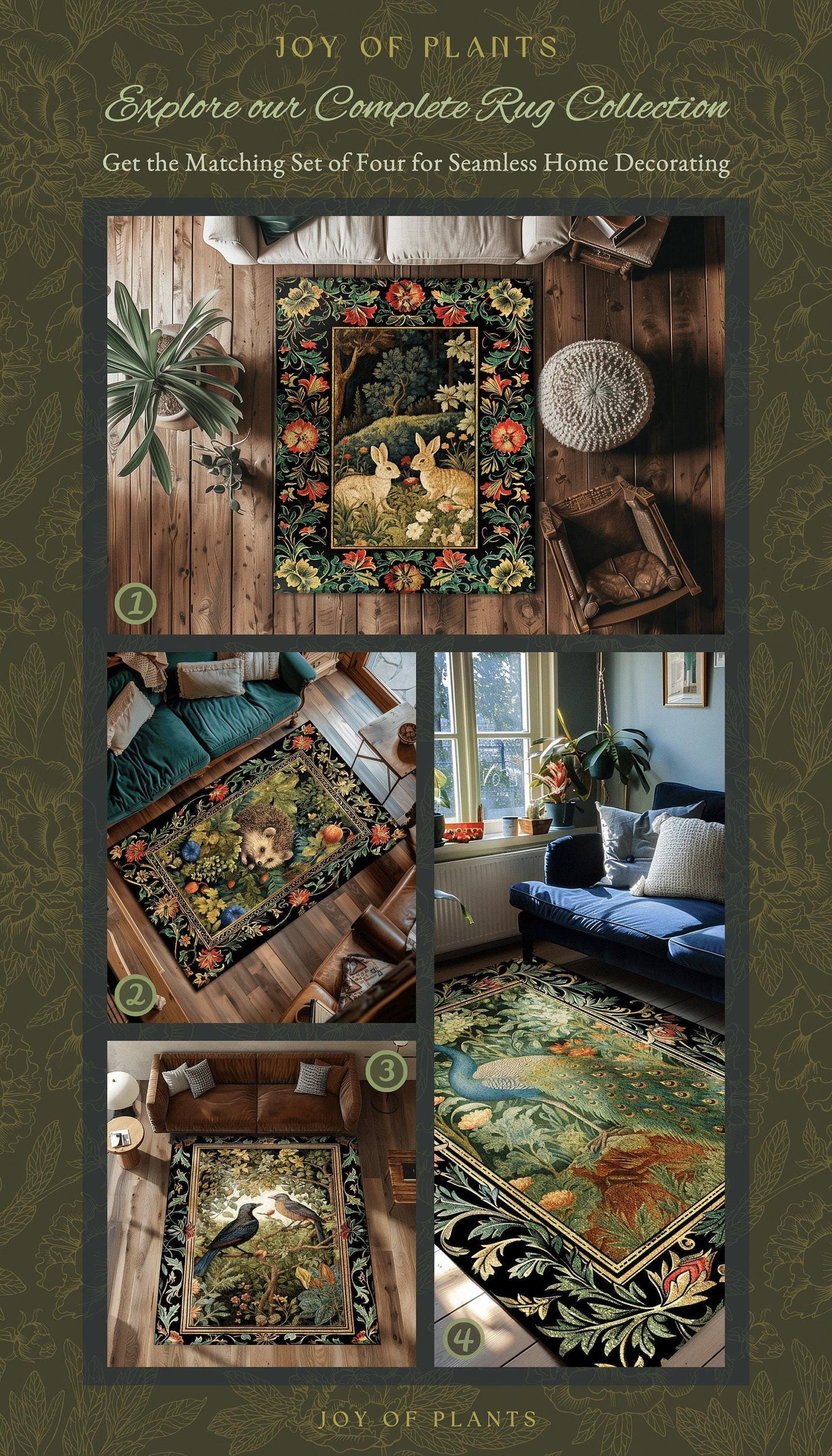 Botanical Bedroom Decor Round Bunny Rug Morris Inspired Cottagecore Light Academia Style Rug | Soft Aesthetic Victorian Floral Rabbit Rug