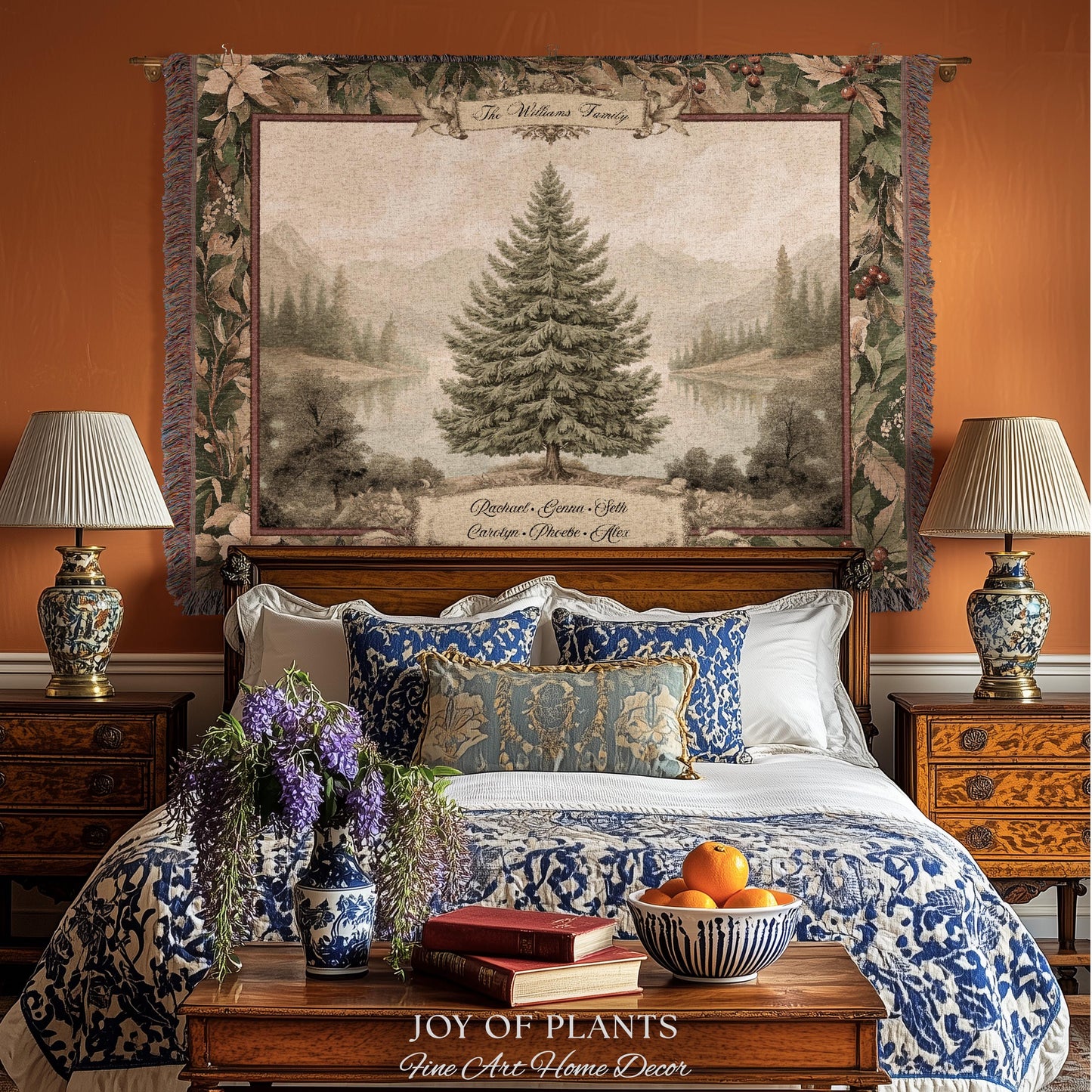 Personalized Family Keepsake Heritage Holiday Tapestry with Names Gift | Custom Heirloom Throw Blanket Scenic Evergreen Woven Wall Hanging