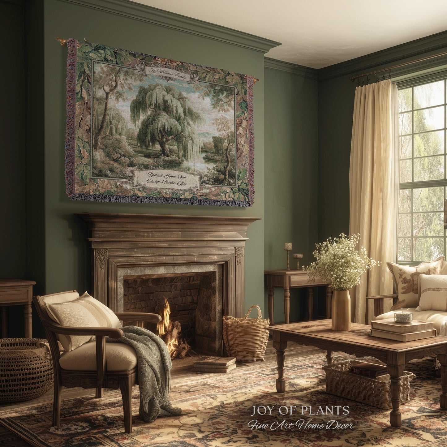 Heirloom Style Custom Weeping Willow Verdure Family Tree Woven Tapestry, Romantic Countryside Wall Hanging Generational Heritage Textile Art