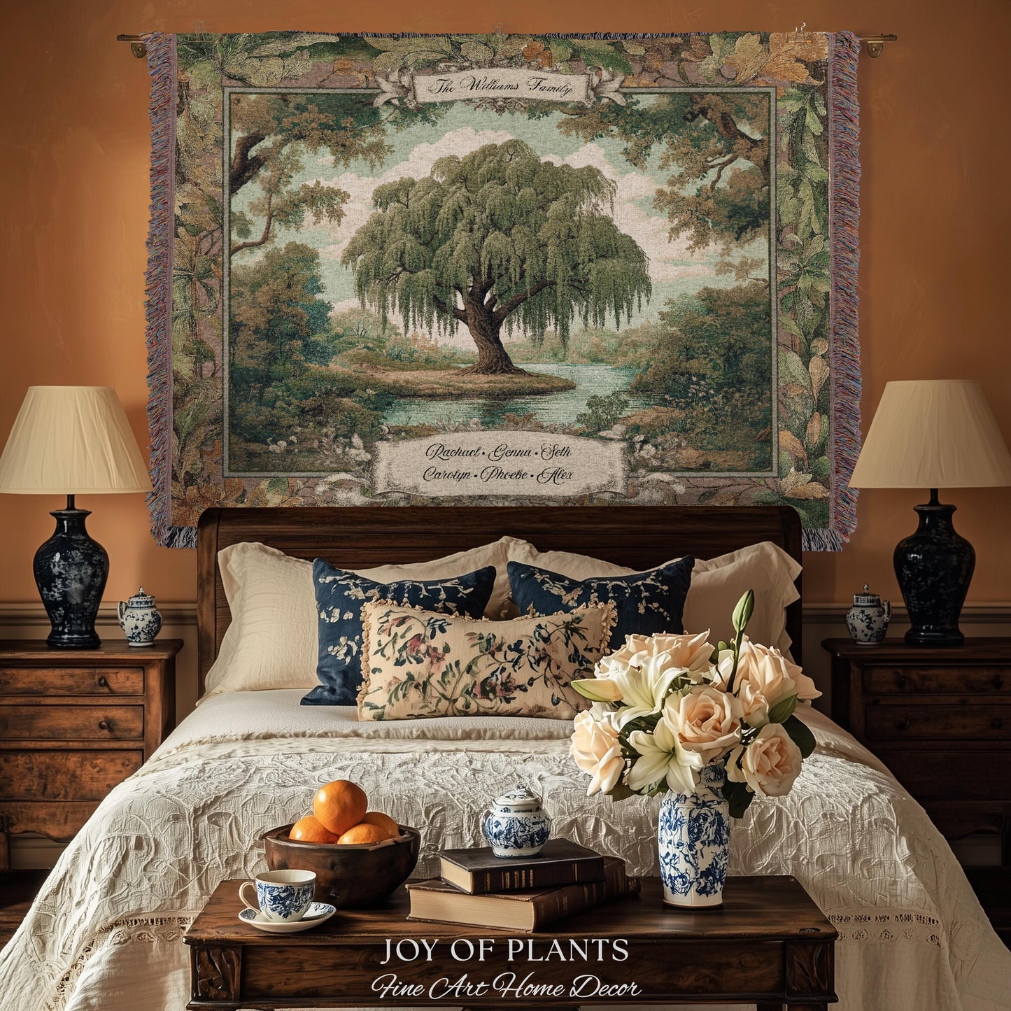 Pastoral Family Tree Wall Tapestry Custom Keepsake Gift | Personalized Heritage Blanket Woven Jacquard Verdure Classical Weeping Willow Art