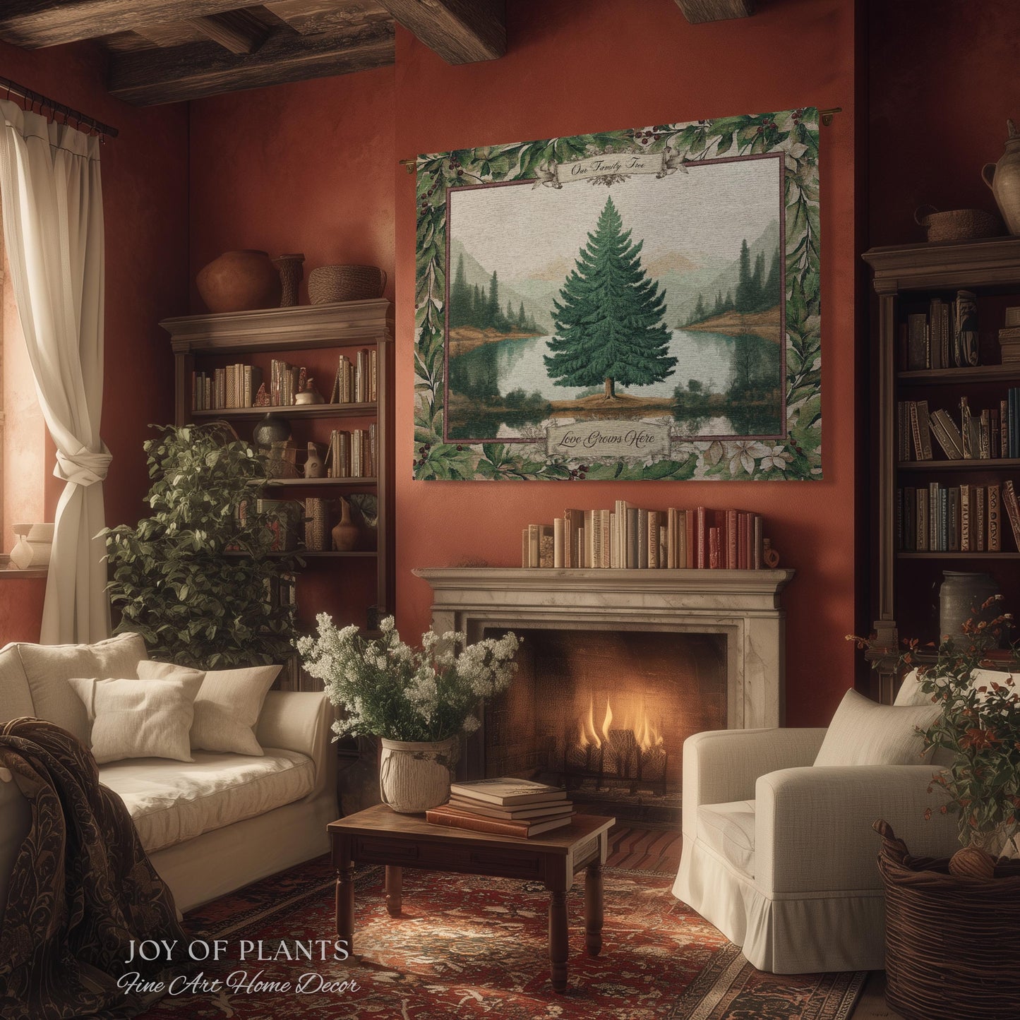 Nostalgic Holiday Tree Tapestry Custom Family Name | Personalized Pine Tree Rust Elegance Christmas Traditional Home Meaningful Woven Throw