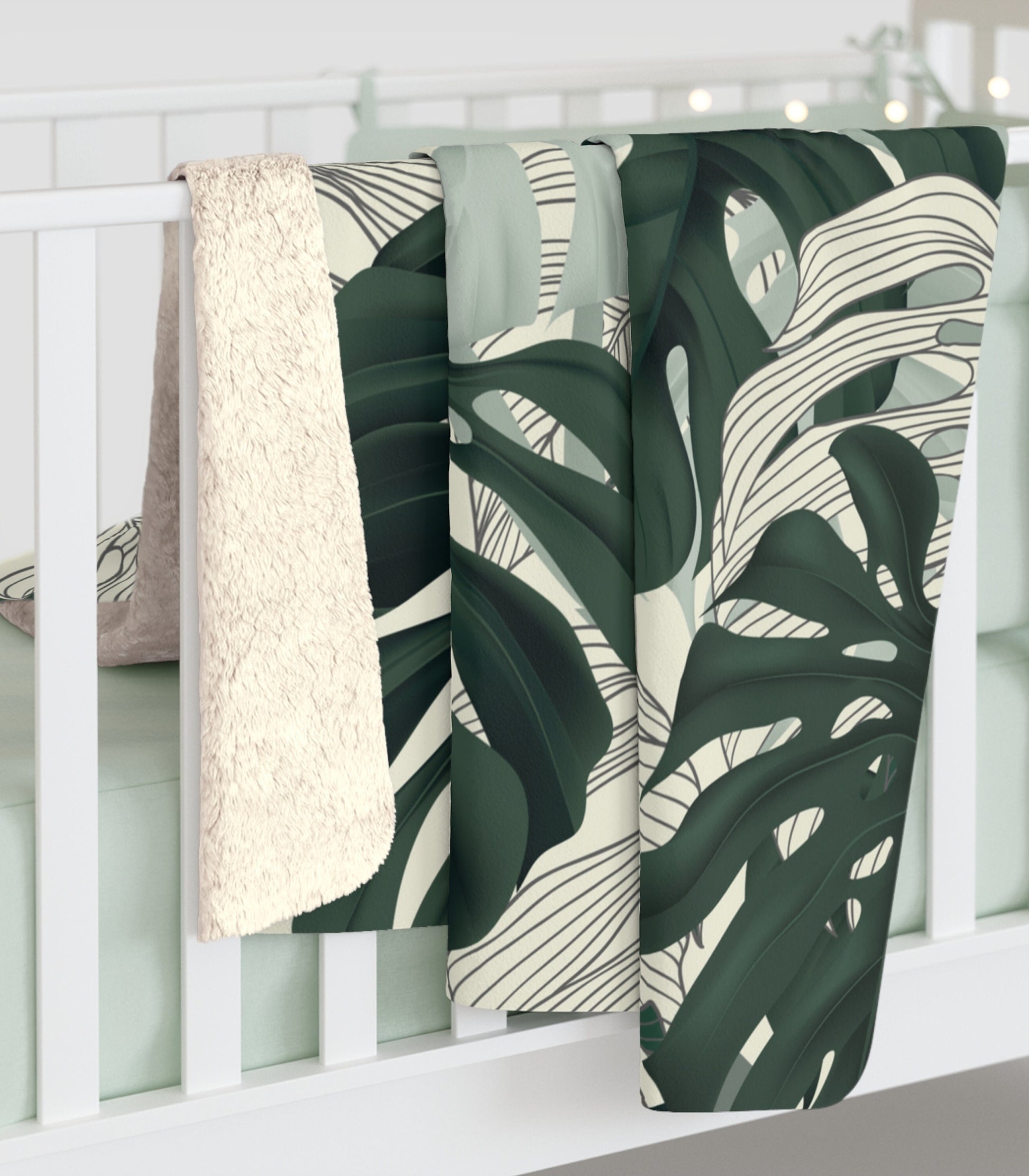 Monstera Print Fleece Botanical Blanket | Fuzzy Blanket for Women | Plant Lover Monstera Print Gift | Vintage Botanical Print Large Blanket