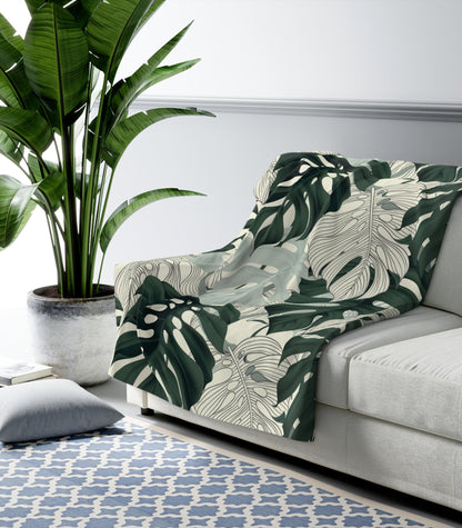 Monstera Print Fleece Botanical Blanket | Fuzzy Blanket for Women | Plant Lover Monstera Print Gift | Vintage Botanical Print Large Blanket
