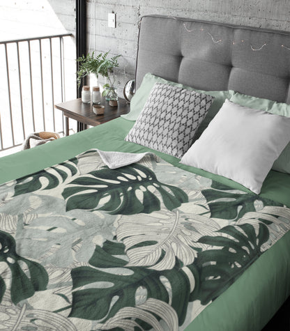 Monstera Print Fleece Botanical Blanket | Fuzzy Blanket for Women | Plant Lover Monstera Print Gift | Vintage Botanical Print Large Blanket
