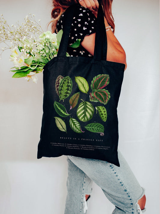 Calathea Prayer Plant Tote Bag | Vintage Botanical Print Dark Academia Clothing | Mug Plant Journal Botanical Bag Dark Cottagecore Aesthetic