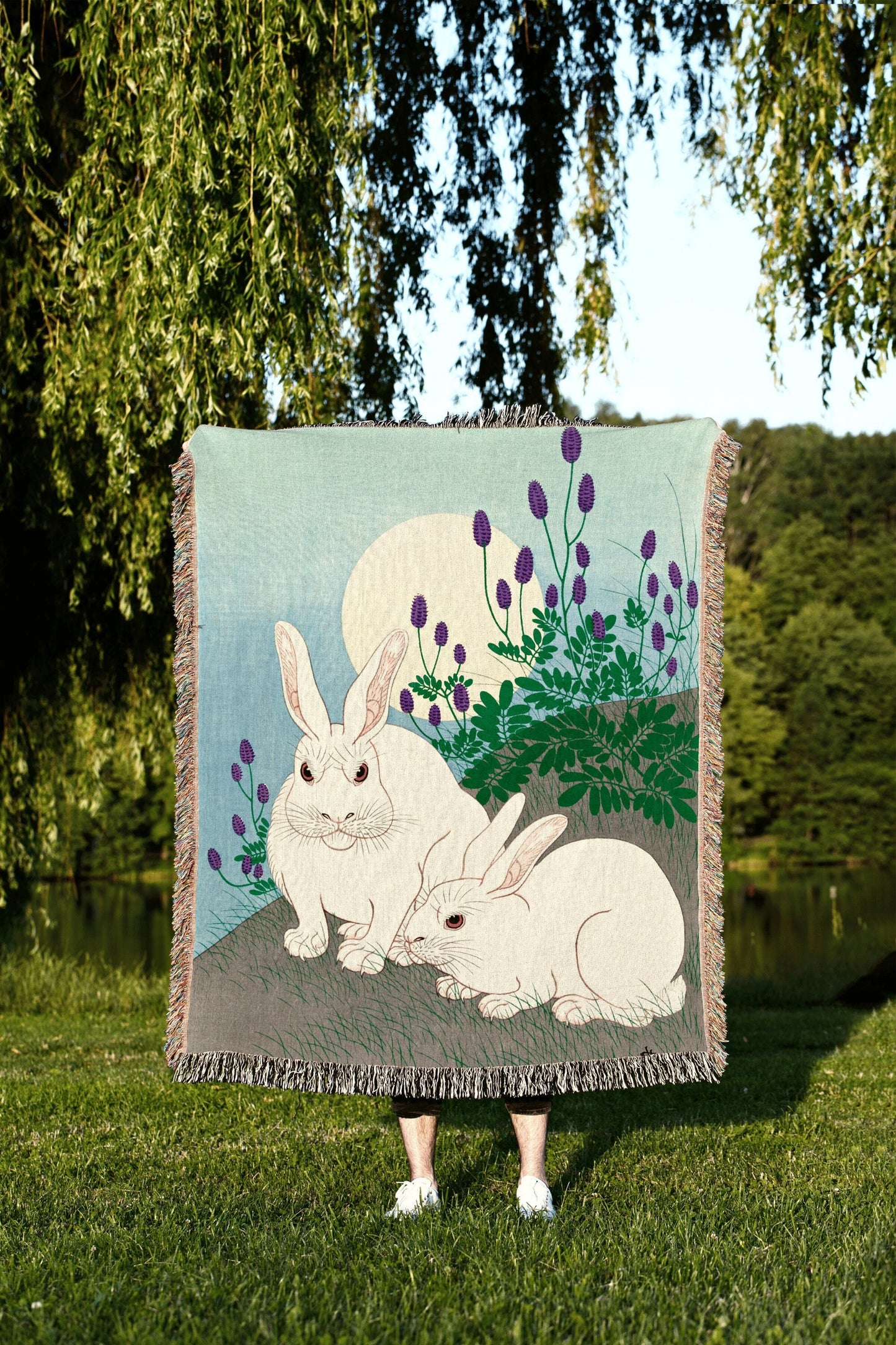 Rabbit Blanket Woven Thorw Blanket | Vintage Japanese Art Tapestry | Japanese Rabbit Art Blanket | Ohara Koson Art Print Woven Blanket