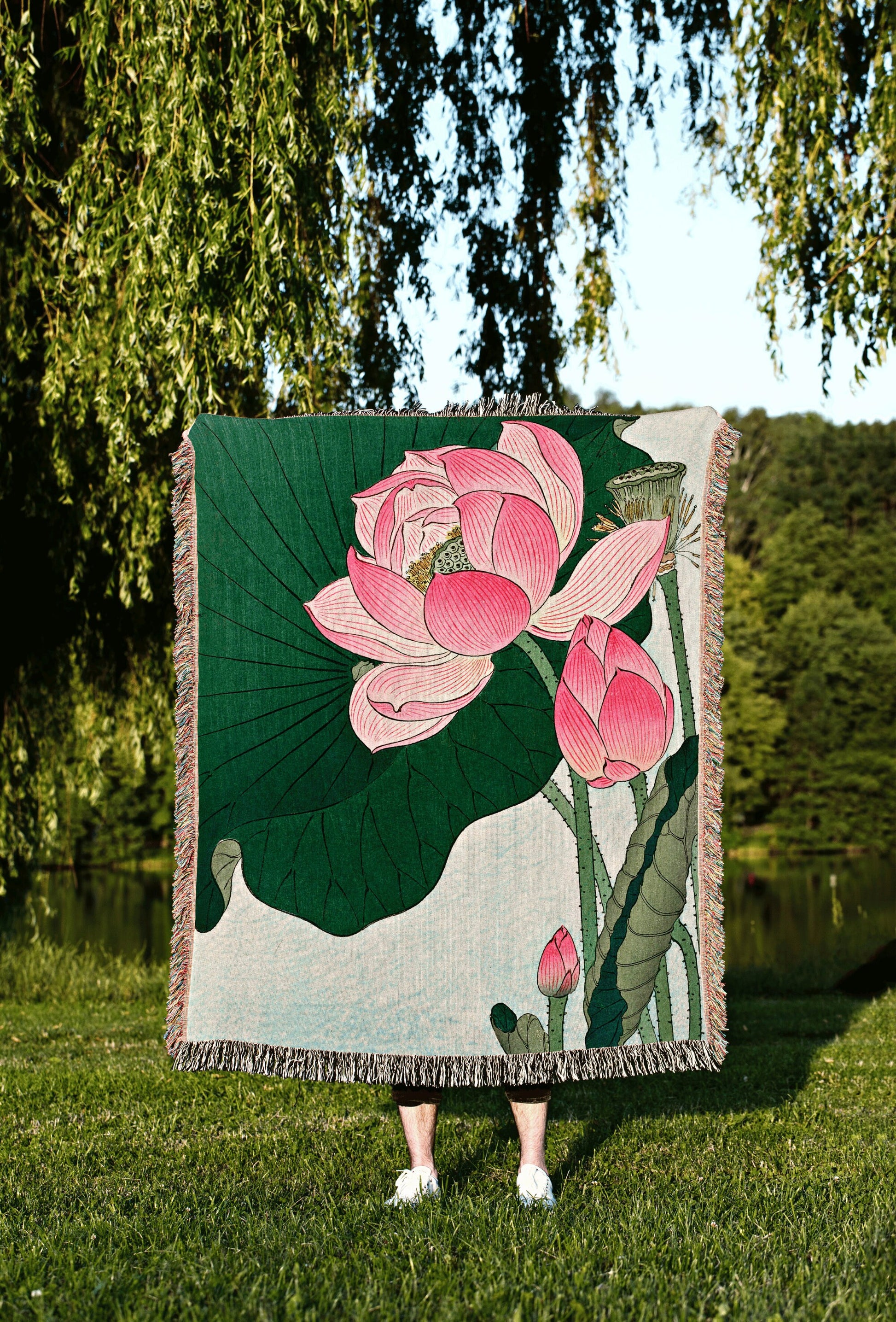 Water Lily Painting Floral Tapestry Japanese Art Wall Decor Woven Throw Blanket Japanese Tapestry Woven Pink Flower Watercolor Throw Blanket