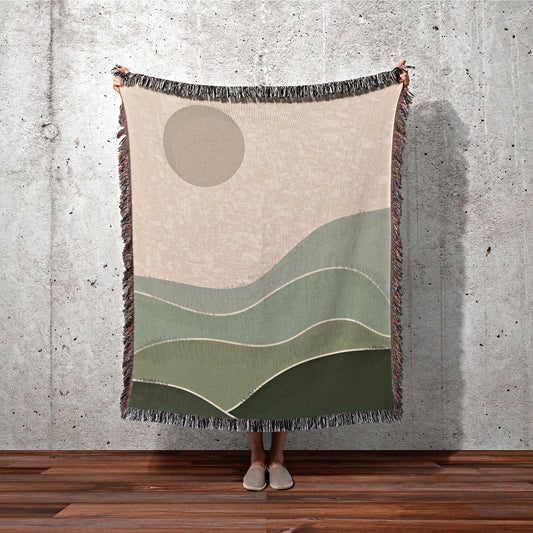 Sage Green Throw Blanket Boho Throw Blanket Woven Abstract Landscape Tapestry | Boho Decor Bedroom Throws Abstract Woven Blanket Boho Decor