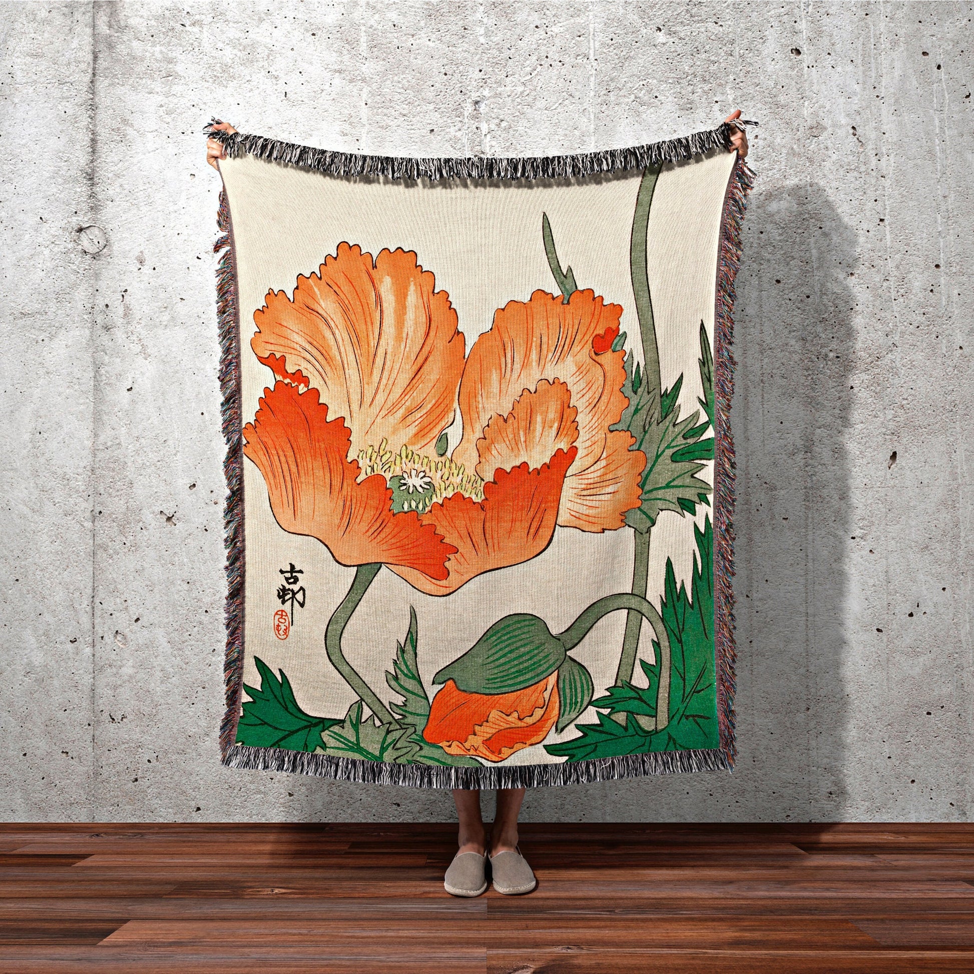 Poppy Art Floral Tapestry Japanese Art Wall Decor Woven Throw Blanket Japanese Tapestry Floral Throw Blanket Woven Tapestry Floral Poppy Art