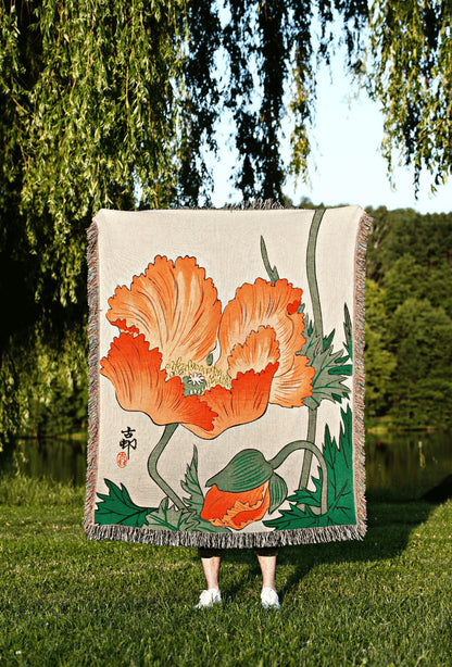 Poppy Art Floral Tapestry Japanese Art Wall Decor Woven Throw Blanket Japanese Tapestry Floral Throw Blanket Woven Tapestry Floral Poppy Art