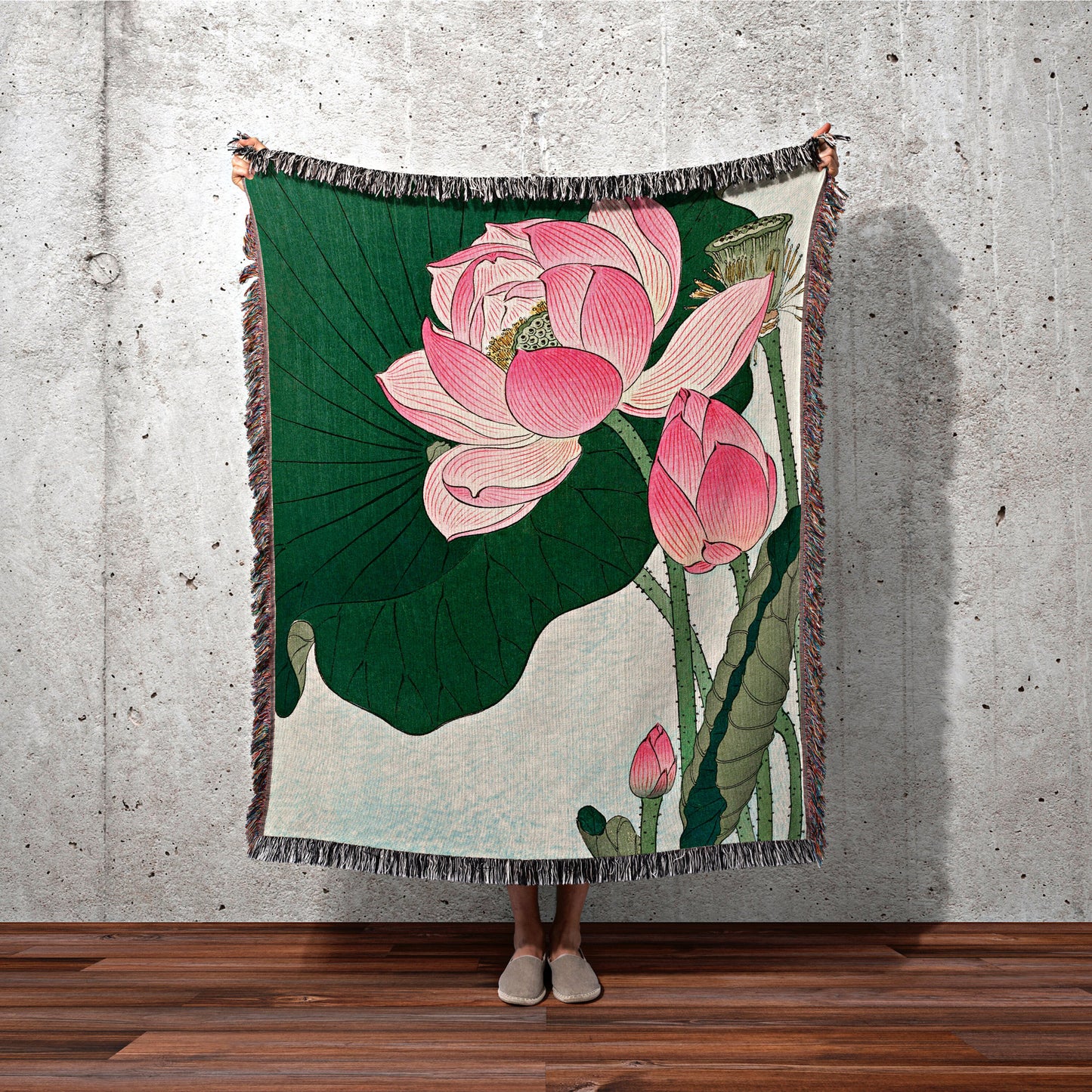 Water Lily Painting Floral Tapestry Japanese Art Wall Decor Woven Throw Blanket Japanese Tapestry Woven Pink Flower Watercolor Throw Blanket