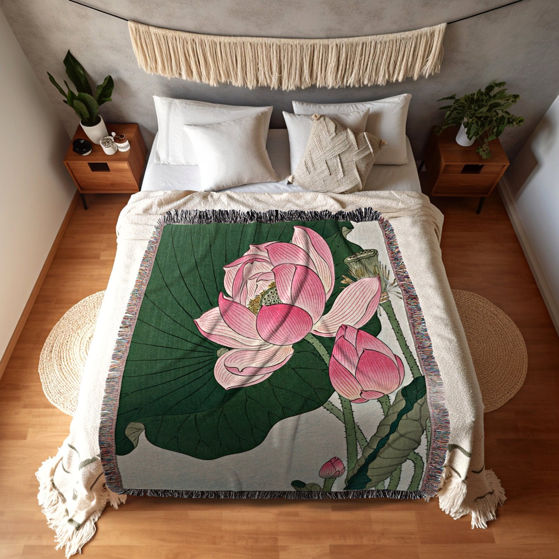 Water Lily Painting Floral Tapestry Japanese Art Wall Decor Woven Throw Blanket Japanese Tapestry Woven Pink Flower Watercolor Throw Blanket