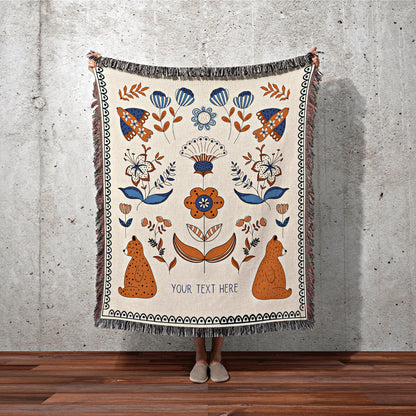 Scandinavian Decor Woven Throw Blanket | Floral Folk Art Woven Blanket | Cottagecore Decor Woven Cotten Blanket | Scandinavian Folk Art Boho