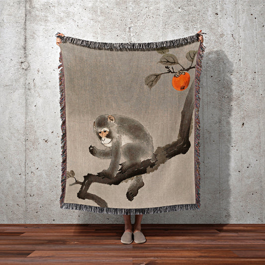 Woven Monkey Blanket | Japanese Art | Black Crow Core | Watercolor Art Vintage Throw Blanket | Dark Academia Tapestry | Gothic Throw Blanket