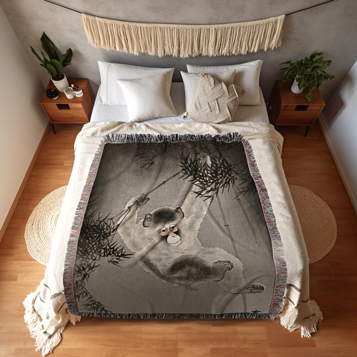 Vintage Japanese Woven Blanket | Monkey Decor | Gothic Decor | Watercolor Art Vintage Throw Blanket | Dark Academia blanket | Woven Tapestry