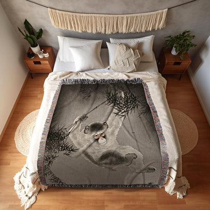 Vintage Japanese Woven Blanket | Monkey Decor | Gothic Decor | Watercolor Art Vintage Throw Blanket | Dark Academia blanket | Woven Tapestry