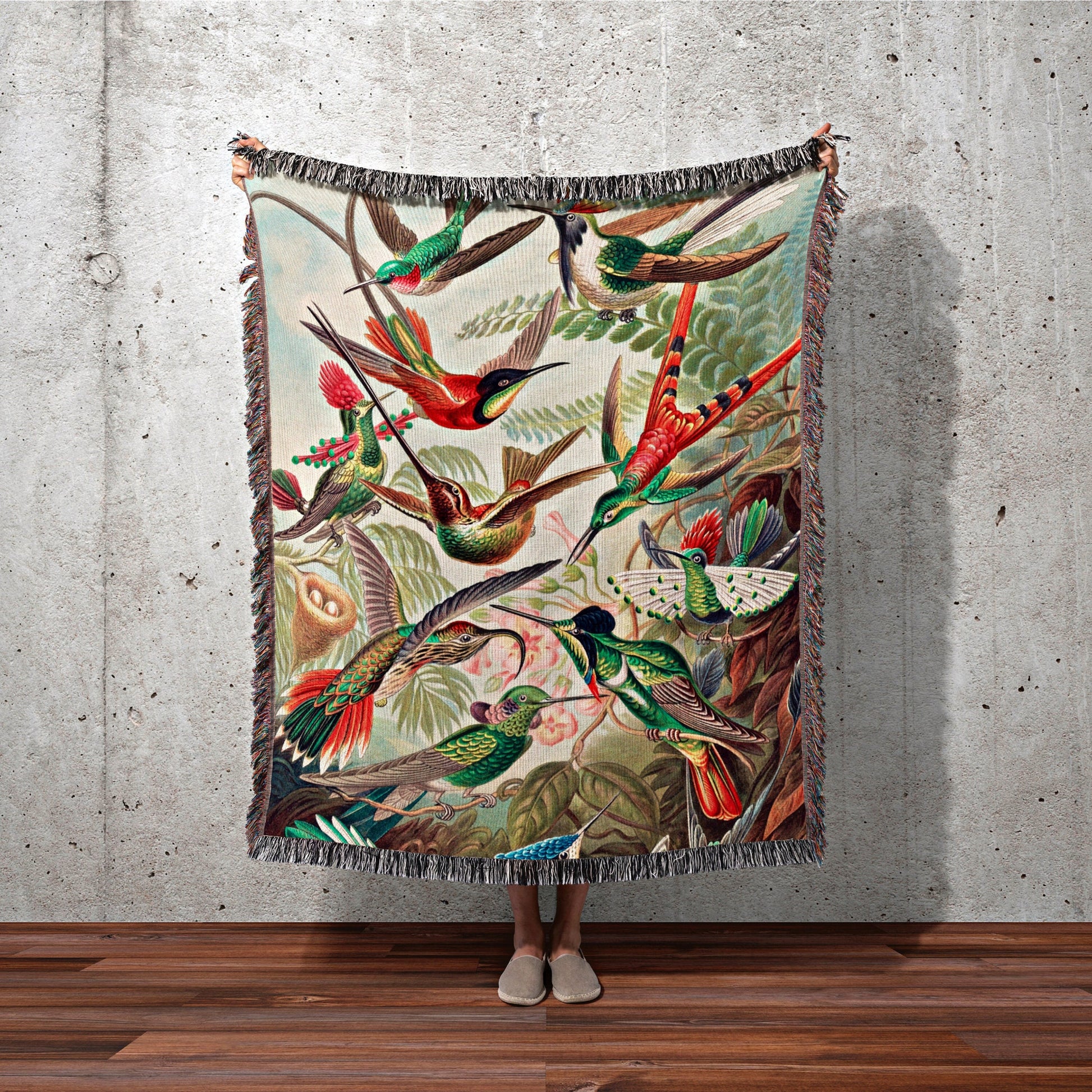 Hummingbird Vintage Woven Blanket | Ernst Haeckel Hummingbird Painting | Woven Blanket Cotton | Woven Throw Blanket Ernst Haeckel Wall Decor