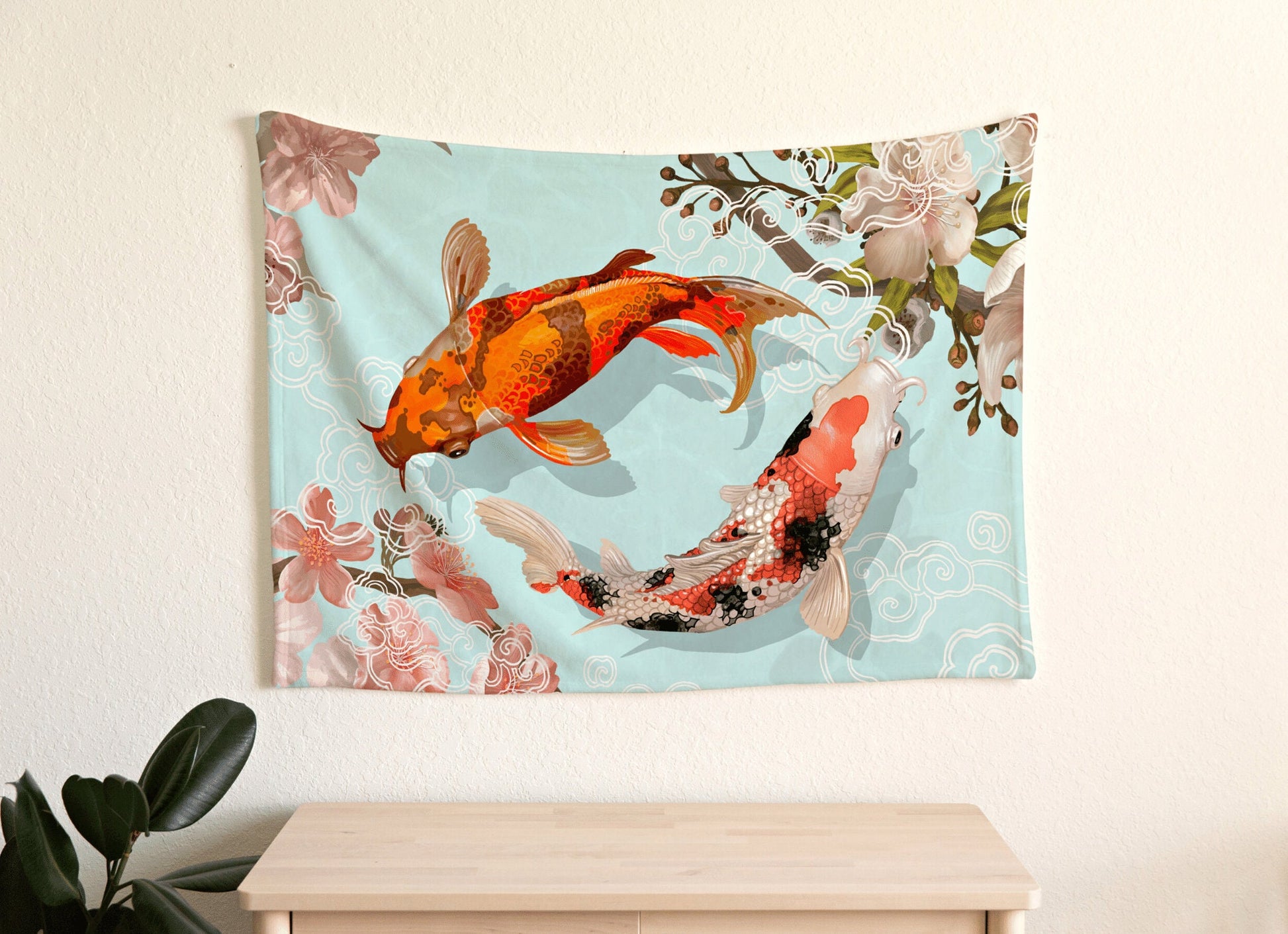 Woven Tapestry Koi Fish Aesthetic | Vintage Japanese Art Tapestry | Japanese Koi Fish Art Blanket | Art Print Woven Blanket Japanese Decor |