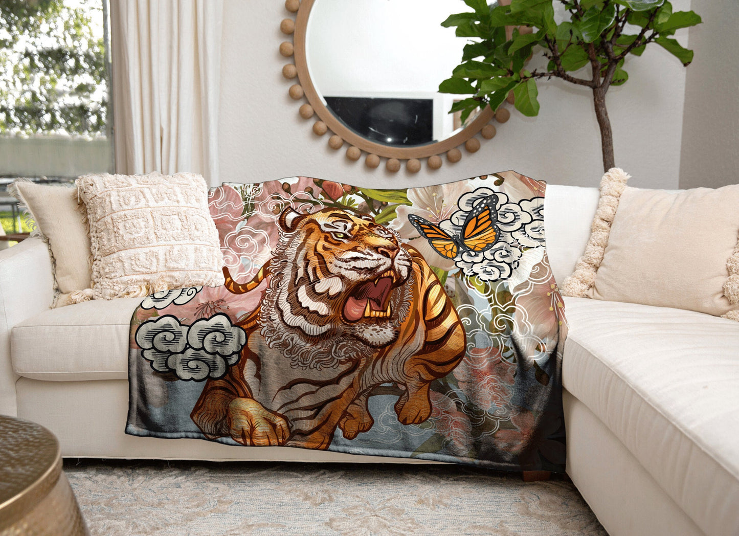 Japanese Tiger Blanket Woven Throw | Vintage Japanese Art Tapestry | Japanese Tiger Art Blanket | Art Print Woven Blanket Japanese Decor |