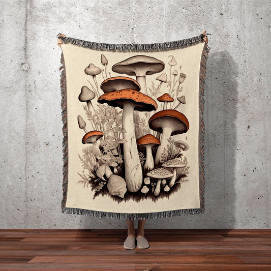 Cottagecore Vintage Mushroom Art Woodland Decor | Mushroom Tapestry Woven | Mushroom Throw Blanket Toadstool Aesthetic | Mushroom Woodland