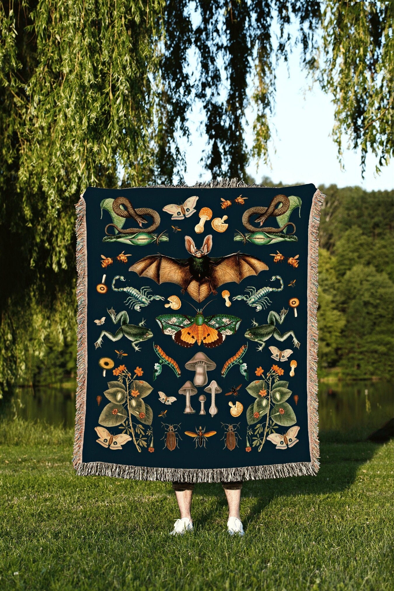 Bat Blanket Woven | Woodland Whimsigoth Room Decor Tapestry Woven | Dark Cottagecore Spooky Goth Woodland Collage | Gothic Tapestry Woven |