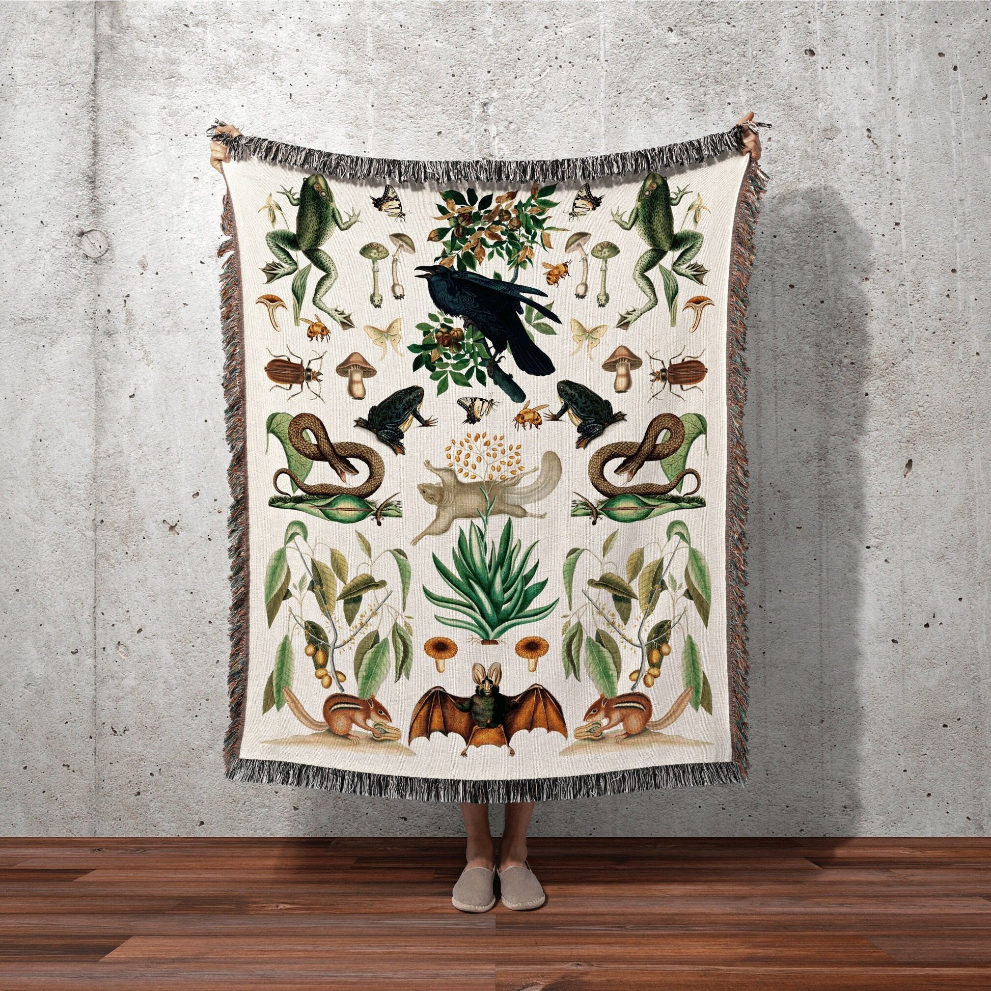 Woodland Gothic Throw Blanket Woven | Gothic Room Decor Bat Tapestry | Dark Academia Tapestry Woodland Gothic | Crowcore Tapestry Blanket |