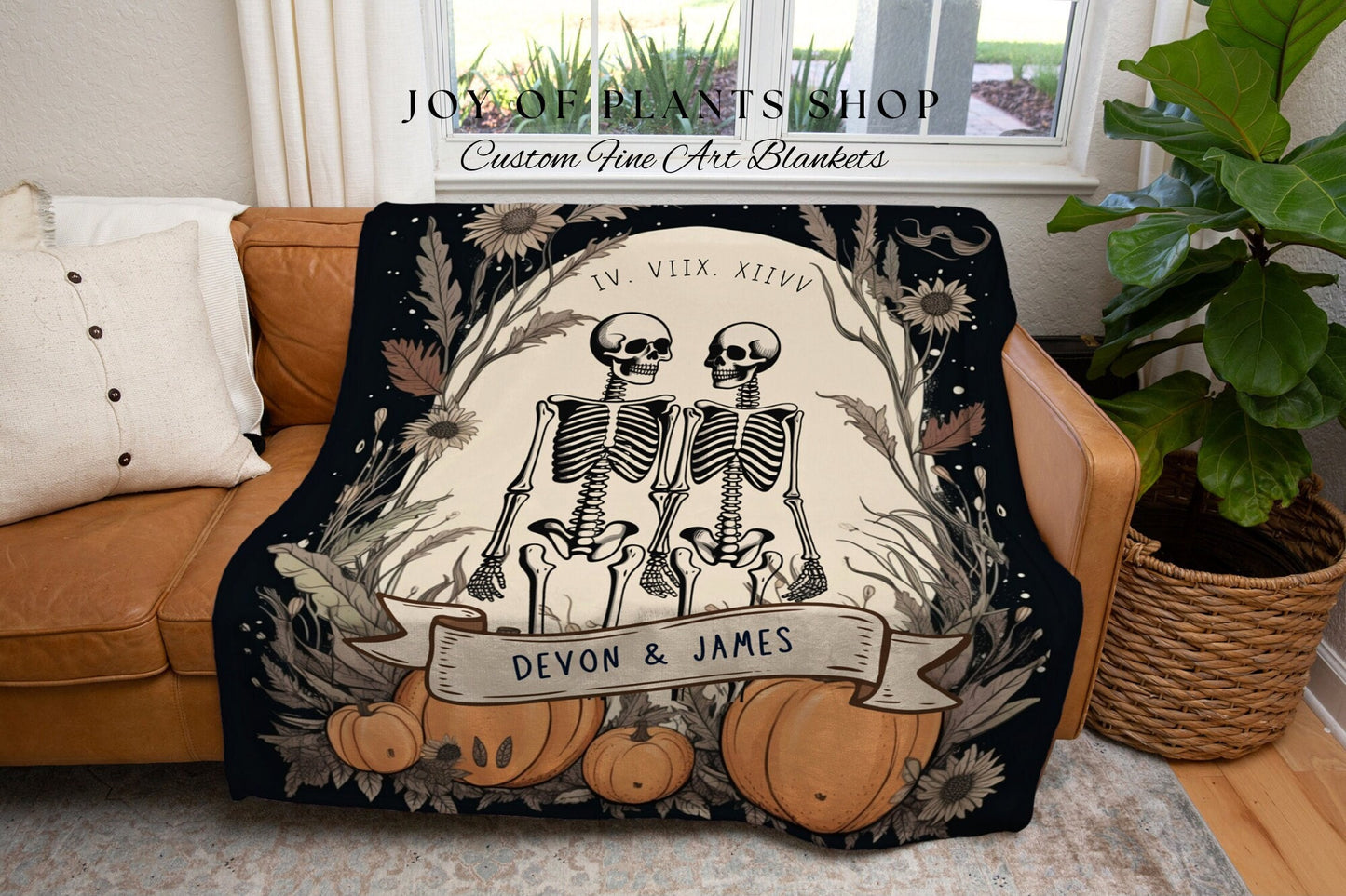 Skeleton Lovers Personalized Tapestry | Gothic Wedding Custom Blanket Woven | Spooky Decor Personalized Wedding Gift | Halloween Wedding |