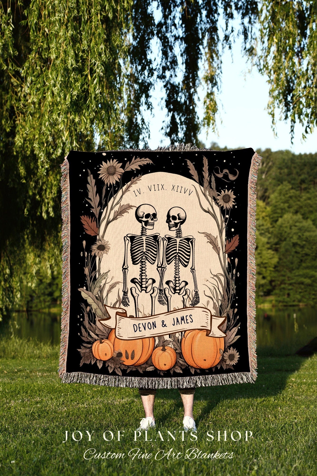 Skeleton Lovers Personalized Tapestry | Gothic Wedding Custom Blanket Woven | Spooky Decor Personalized Wedding Gift | Halloween Wedding |