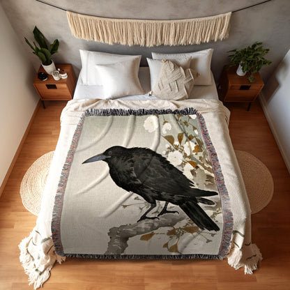 Crow Painting Vintage Woven Blanket | Japanese Art Print | Ohara Koson Art Print | Custom Woven Throw Blanket | Woven Tapestry Japanese Art