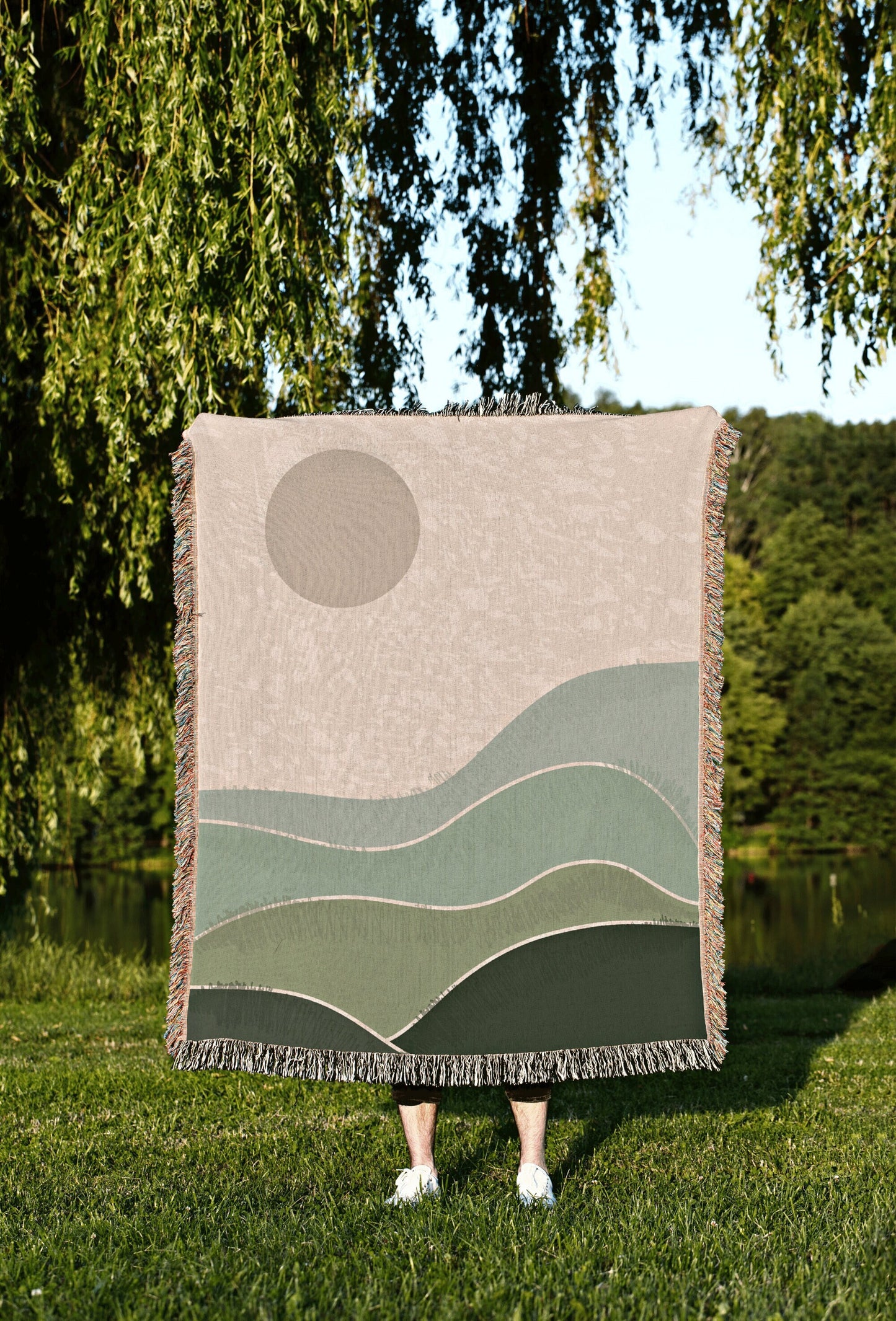 Sage Green Throw Blanket Boho Throw Blanket Woven Abstract Landscape Tapestry | Boho Decor Bedroom Throws Abstract Woven Blanket Boho Decor