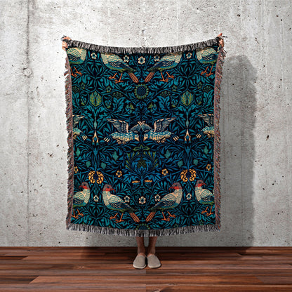 William Morris Tapestry Woven Throw Blanket | Navy Blue Throw Blanket | William Morris Wall Tapestry Woven Blanket Art Nouveau Decor