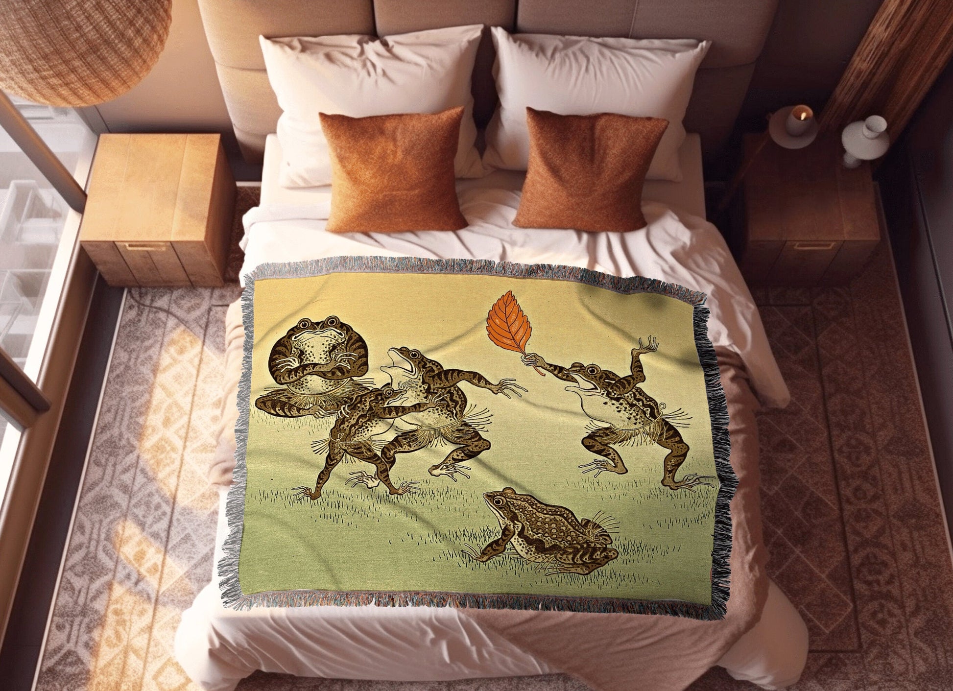 Vintage Japanese Frog Art Blanket Woven | Frog Tapestry | Art Blanket Woven | Frog Funny Tapestry Cottagecore Decor | Woven Tapestry Art |