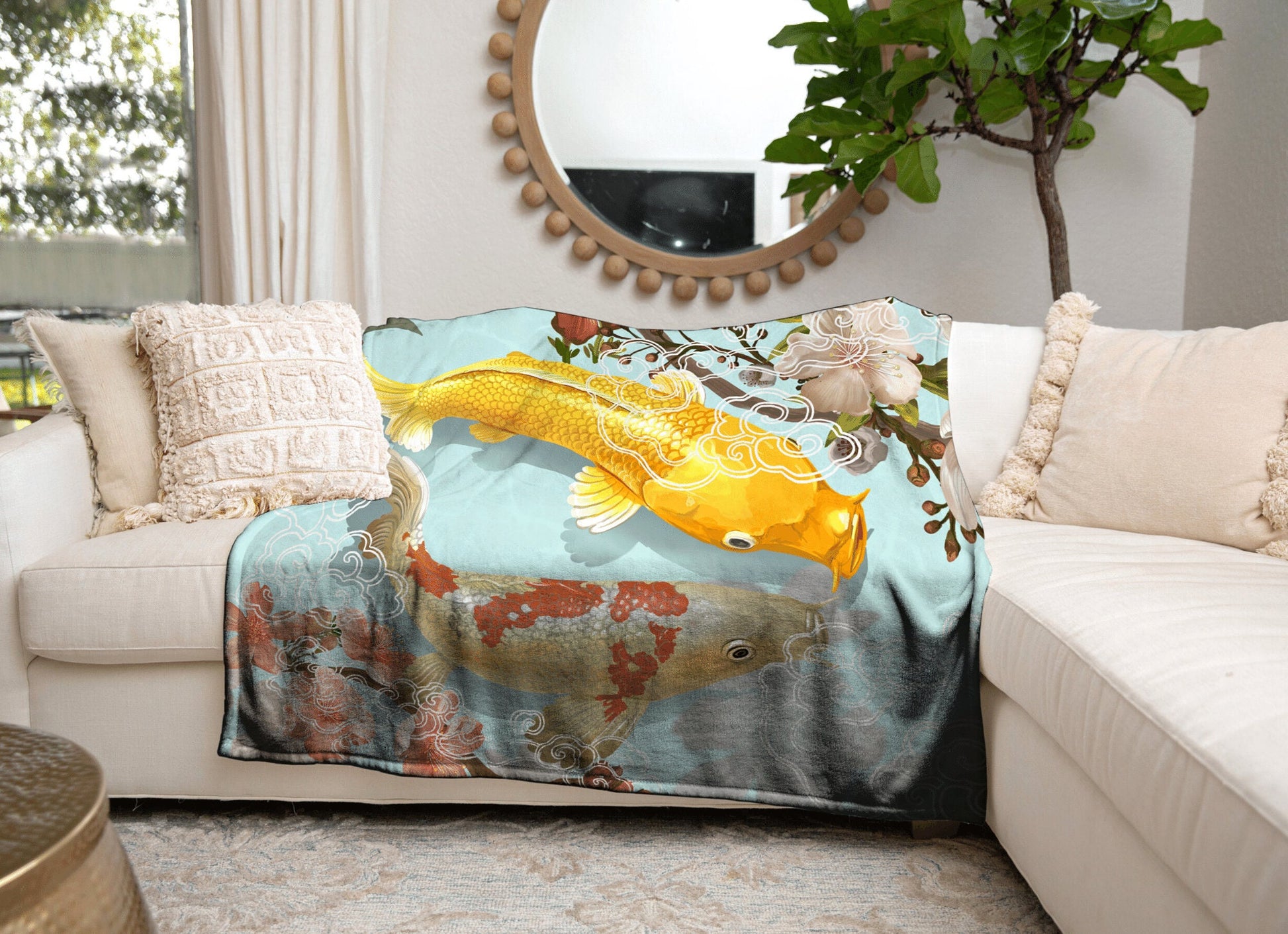 Koi Fish Blanket Woven Tapestry | Vintage Japanese Art Tapestry | Japanese Koi Fish Art Blanket | Art Print Woven Blanket Japanese Decor |