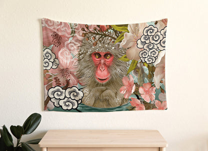 Monkey Blanket Woven Tapestry | Vintage Japanese Art Tapestry | Japanese Monkey Art Blanket | Art Print Woven Blanket Colorful Home Decor |