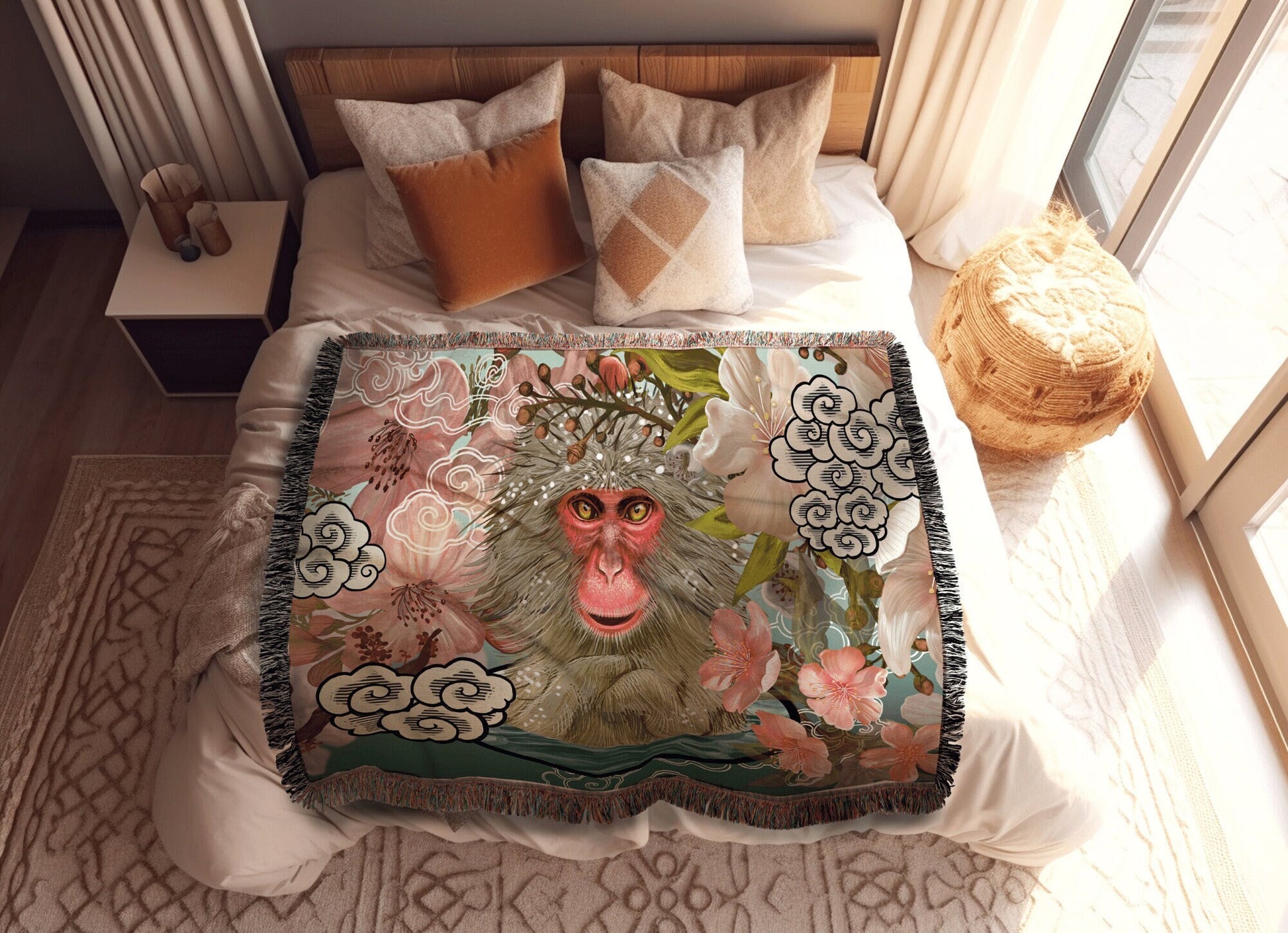 Monkey Blanket Woven Tapestry | Vintage Japanese Art Tapestry | Japanese Monkey Art Blanket | Art Print Woven Blanket Colorful Home Decor |