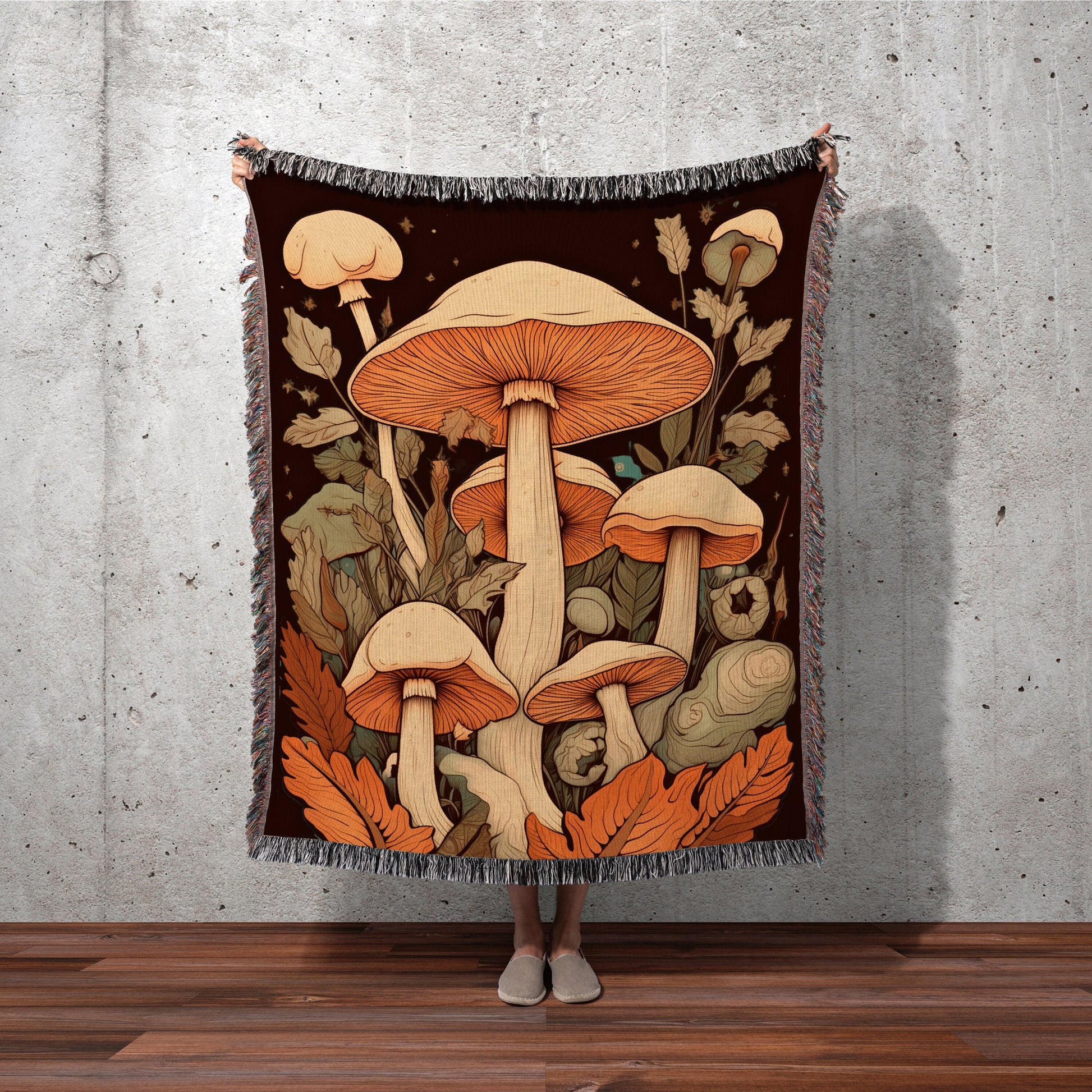 Boho Mushroom Art Woodland Decor | 70s Mushroom Tapestry Woven | Mushroom Throw Blanket Toadstool Aesthetic | Mushroom Woodland Vintage 70s