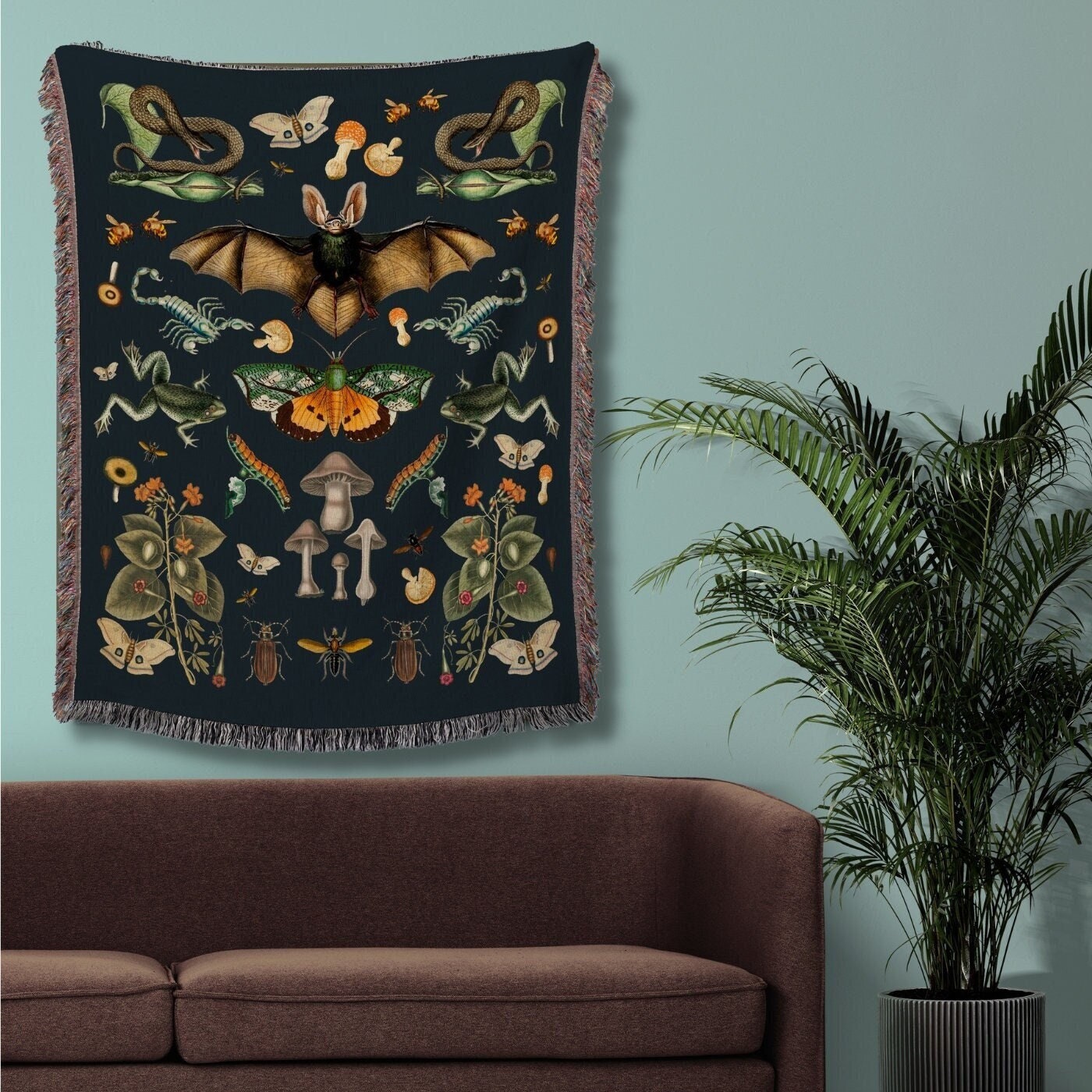 Bat Blanket Woven | Woodland Whimsigoth Room Decor Tapestry Woven | Dark Cottagecore Spooky Goth Woodland Collage | Gothic Tapestry Woven |