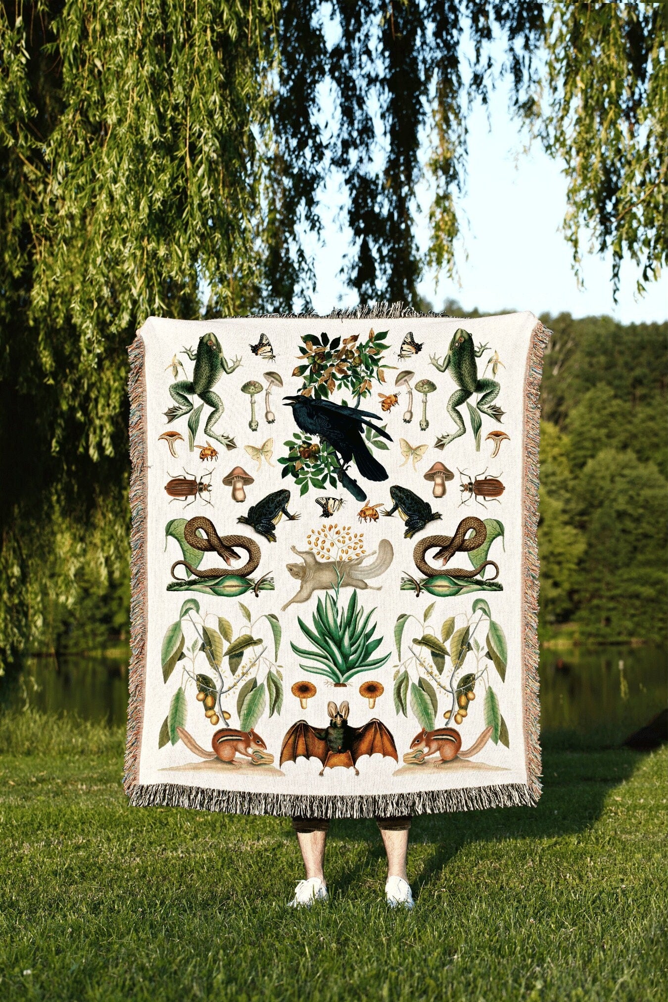 Woodland Gothic Throw Blanket Woven | Gothic Room Decor Bat Tapestry | Dark Academia Tapestry Woodland Gothic | Crowcore Tapestry Blanket |