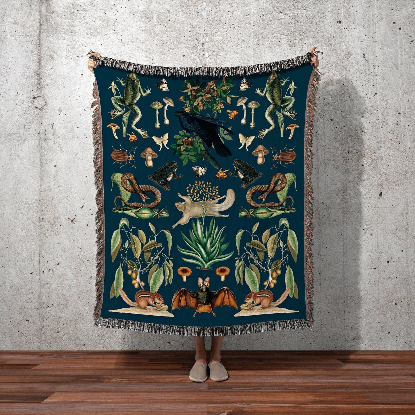 Navy Blue Botanical Tapestry Woven | Gothic Room Decor Bat Tapestry | Dark Academia Tapestry Woodland Gothic | Crowcore Tapestry Blanket |